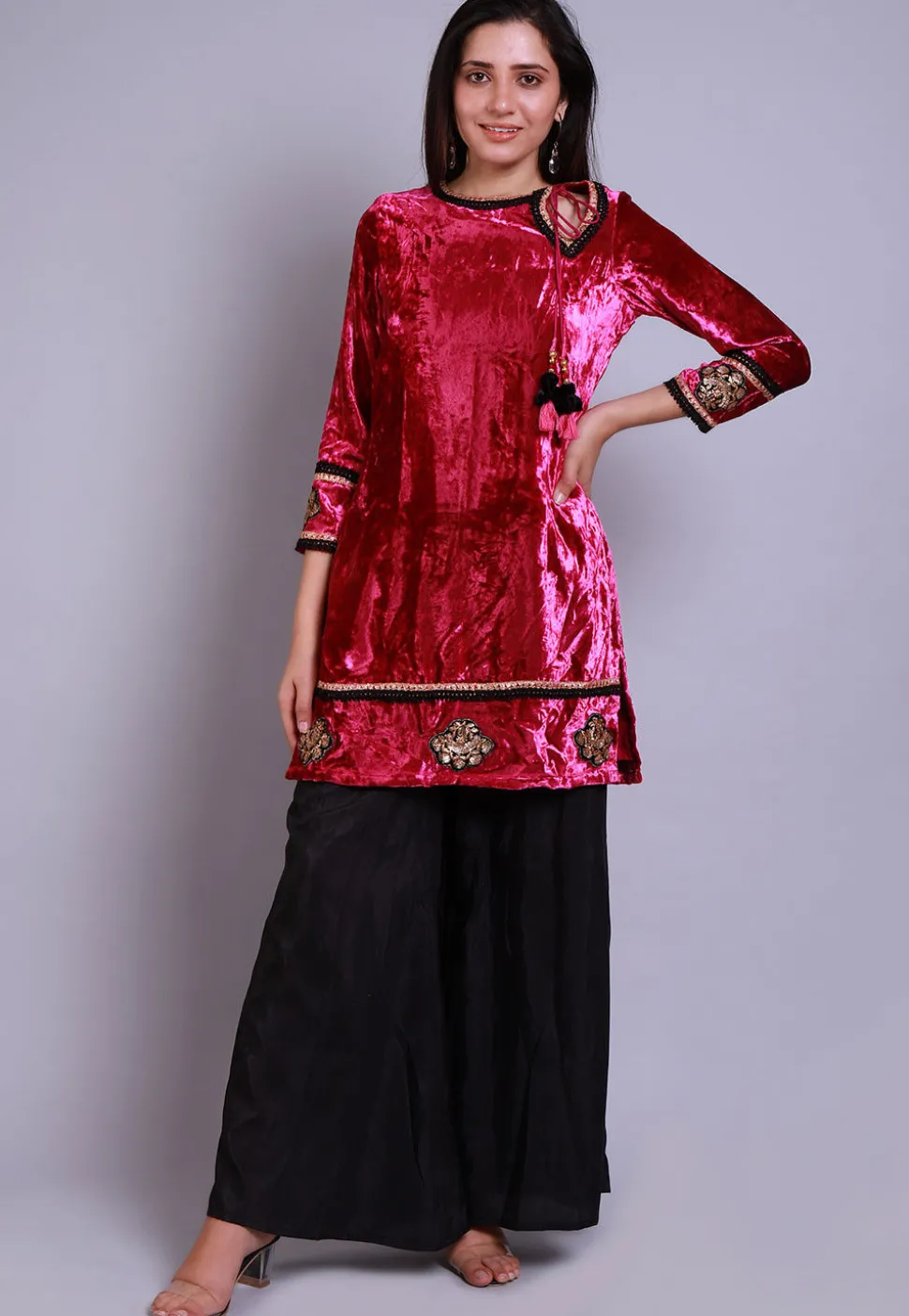 Embroidered Velvet Straight Kurti in Fuchsia