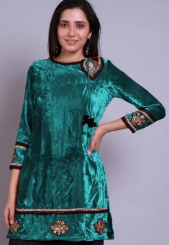 Embroidered  Velvet Straight Kurti in Teal Blue