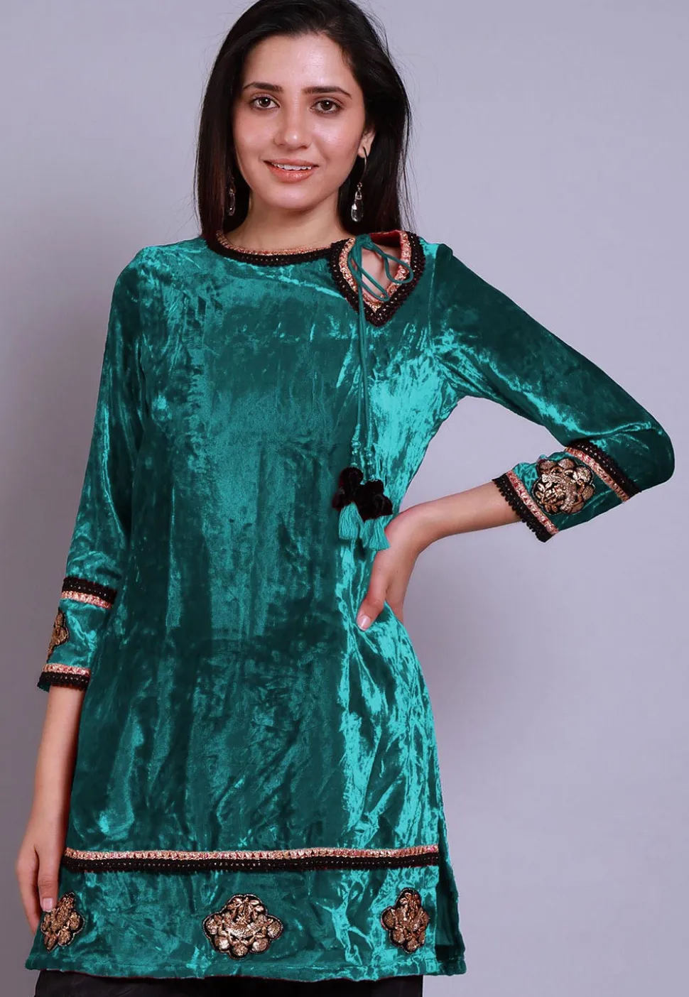 Embroidered Velvet Straight Kurti in Teal Blue