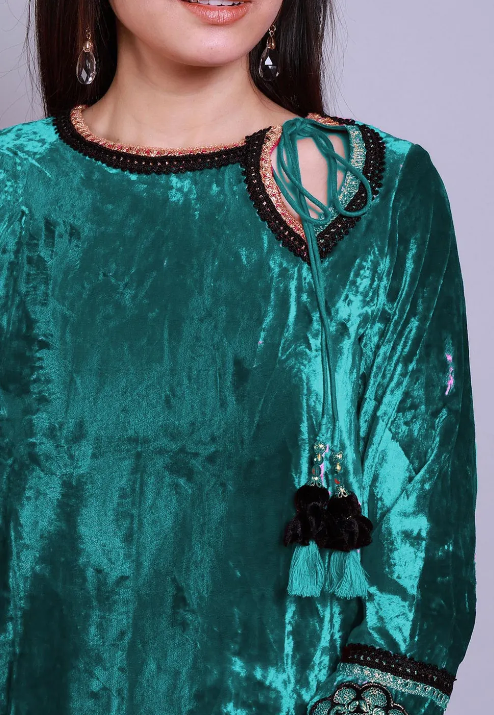 Embroidered Velvet Straight Kurti in Teal Blue