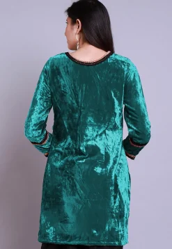 Embroidered Velvet Straight Kurti in Teal Blue