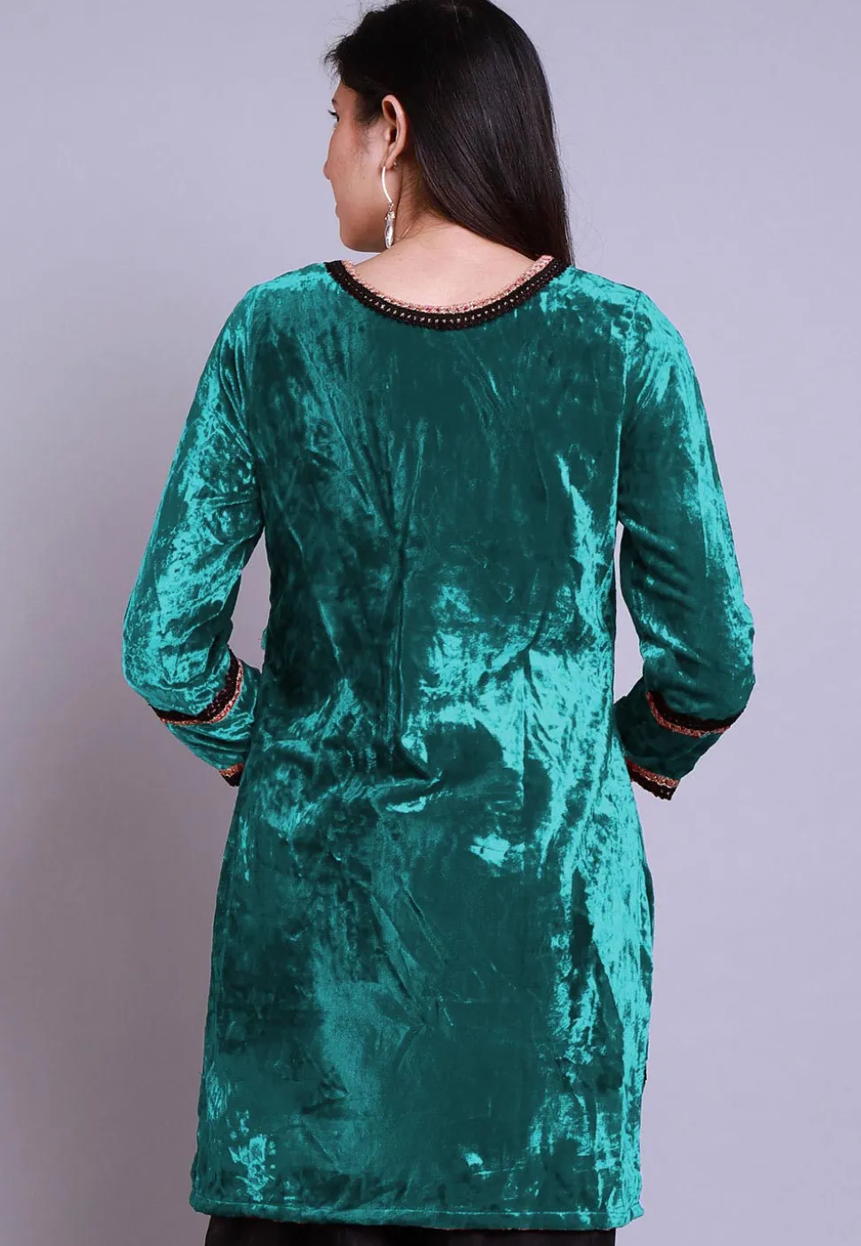 Embroidered Velvet Straight Kurti in Teal Blue