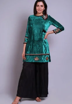 Embroidered Velvet Straight Kurti in Teal Blue