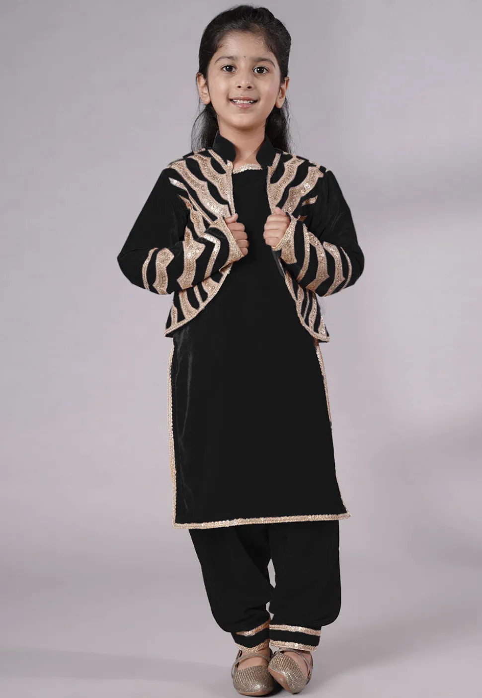 Embroidered Velvet Straight Kurta Set in Black