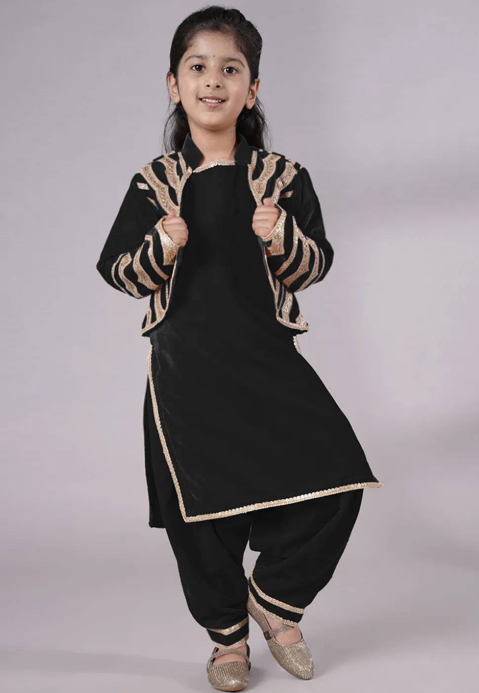 Embroidered Velvet Straight Kurta Set in Black
