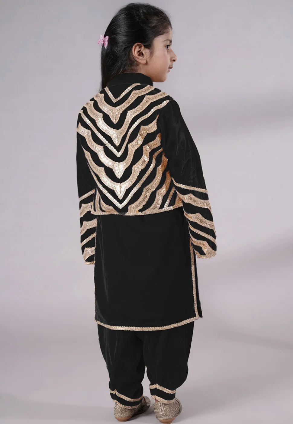 Embroidered Velvet Straight Kurta Set in Black