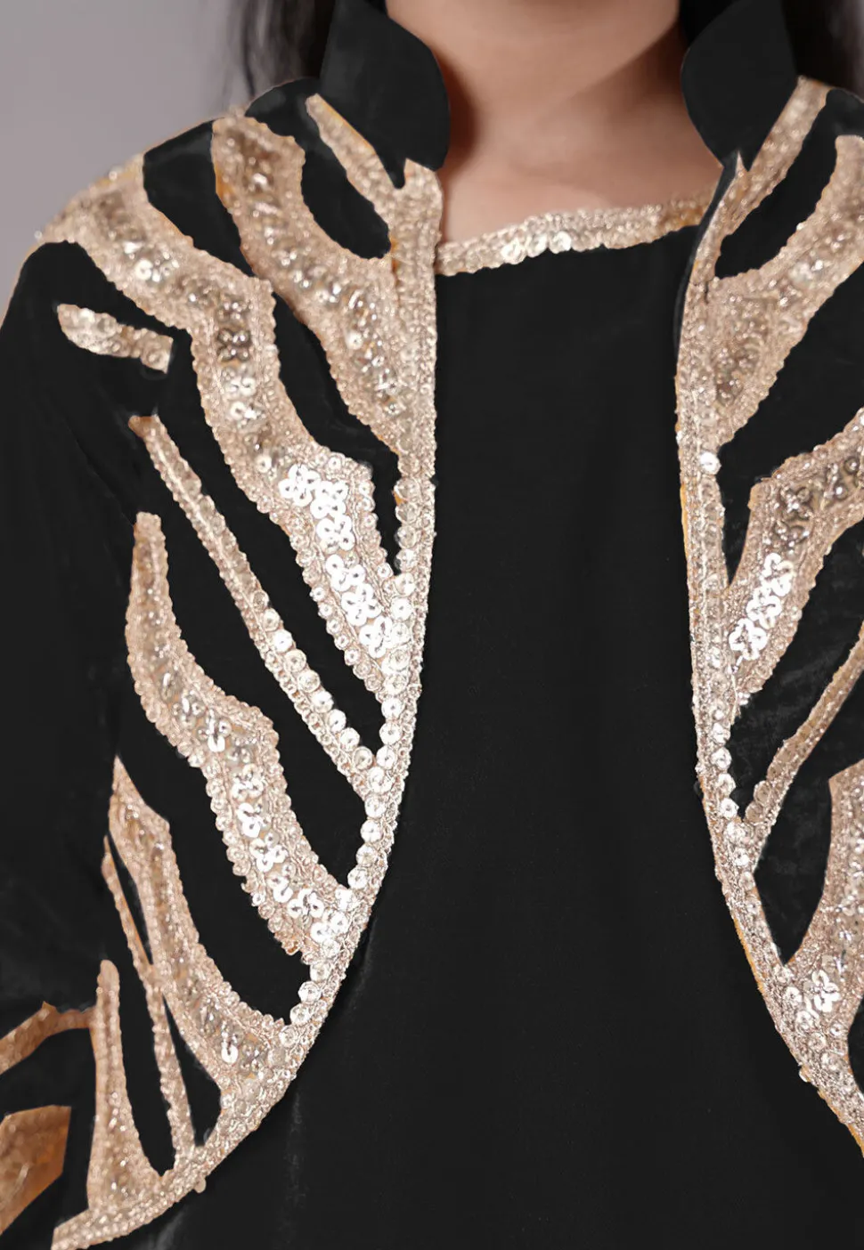 Embroidered Velvet Straight Kurta Set in Black