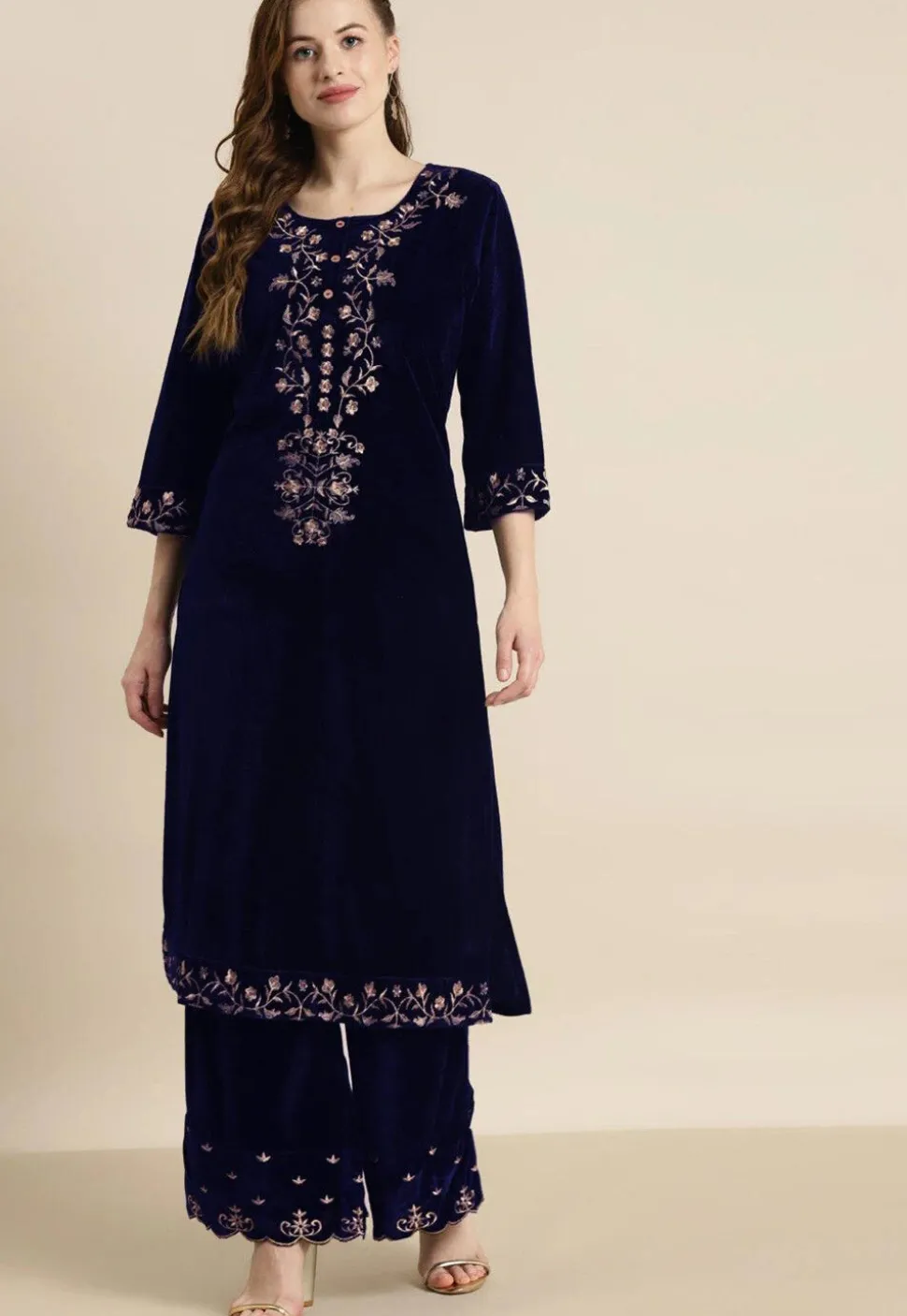 Embroidered Velvet Straight Kurta in Navy Blue