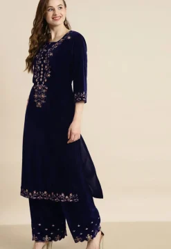 Embroidered Velvet Straight Kurta in Navy Blue