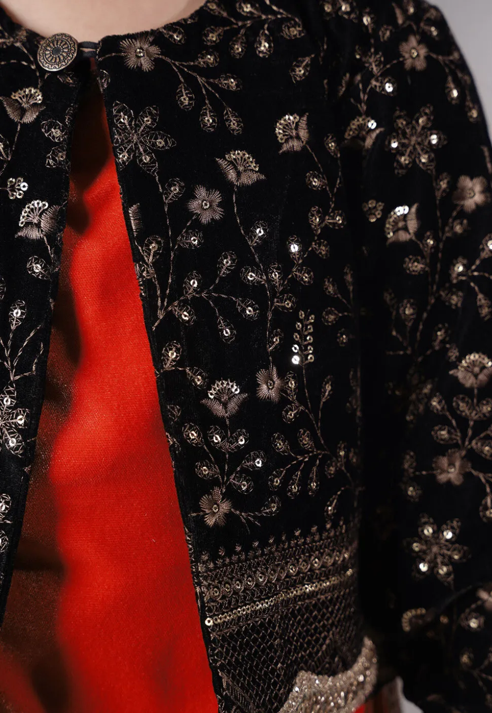 Embroidered Velvet Straight Kurta Set in Red