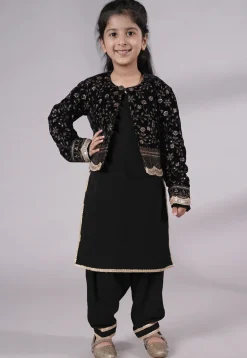 Embroidered Velvet Straight Kurta Set in Black