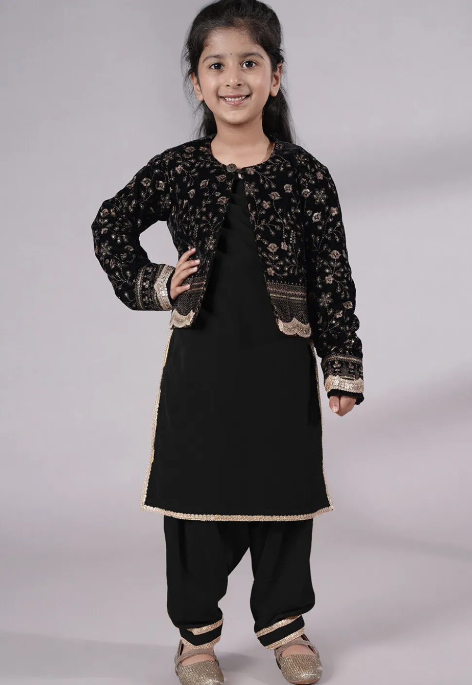 Embroidered Velvet Straight Kurta Set in Black