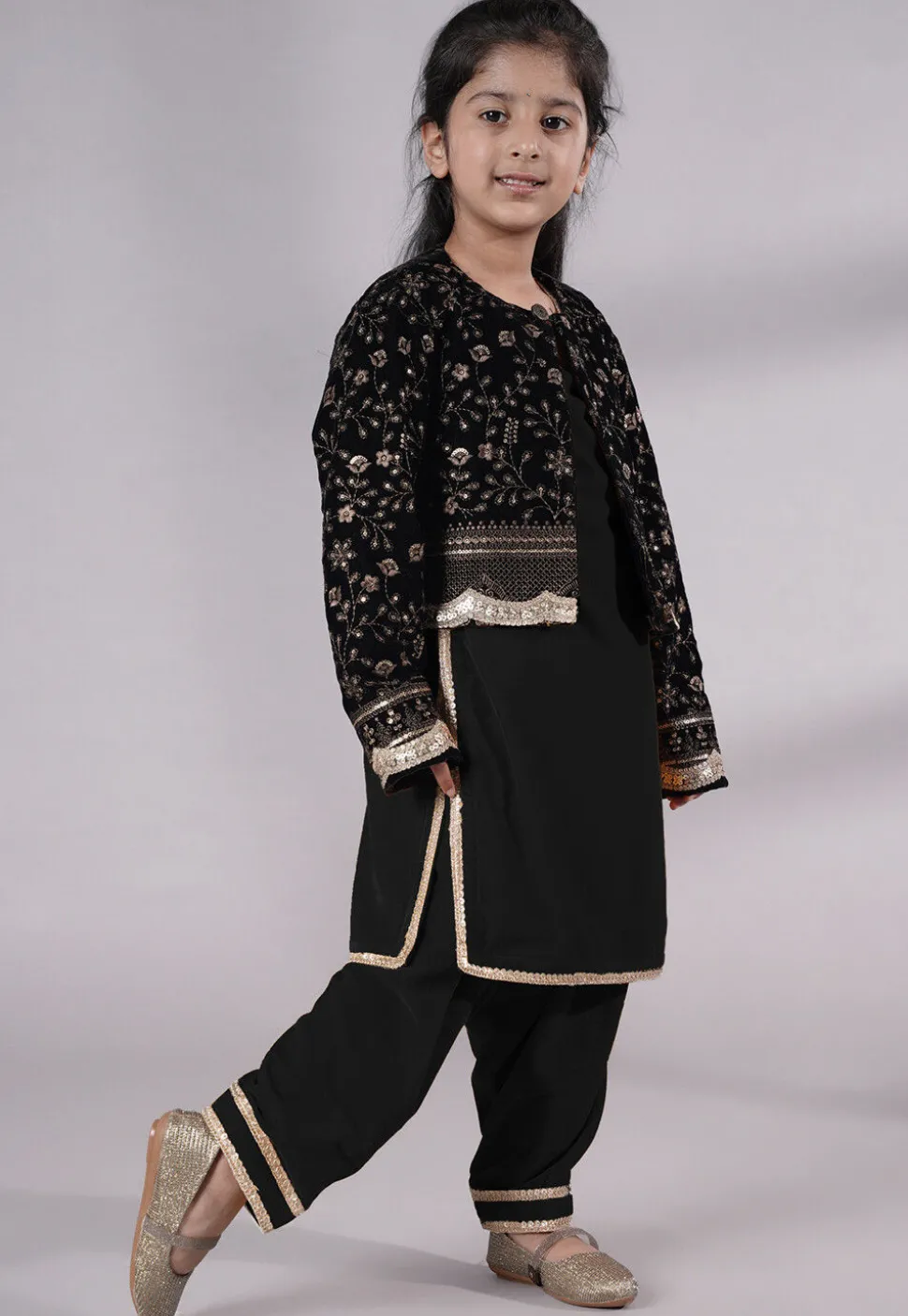 Embroidered Velvet Straight Kurta Set in Black