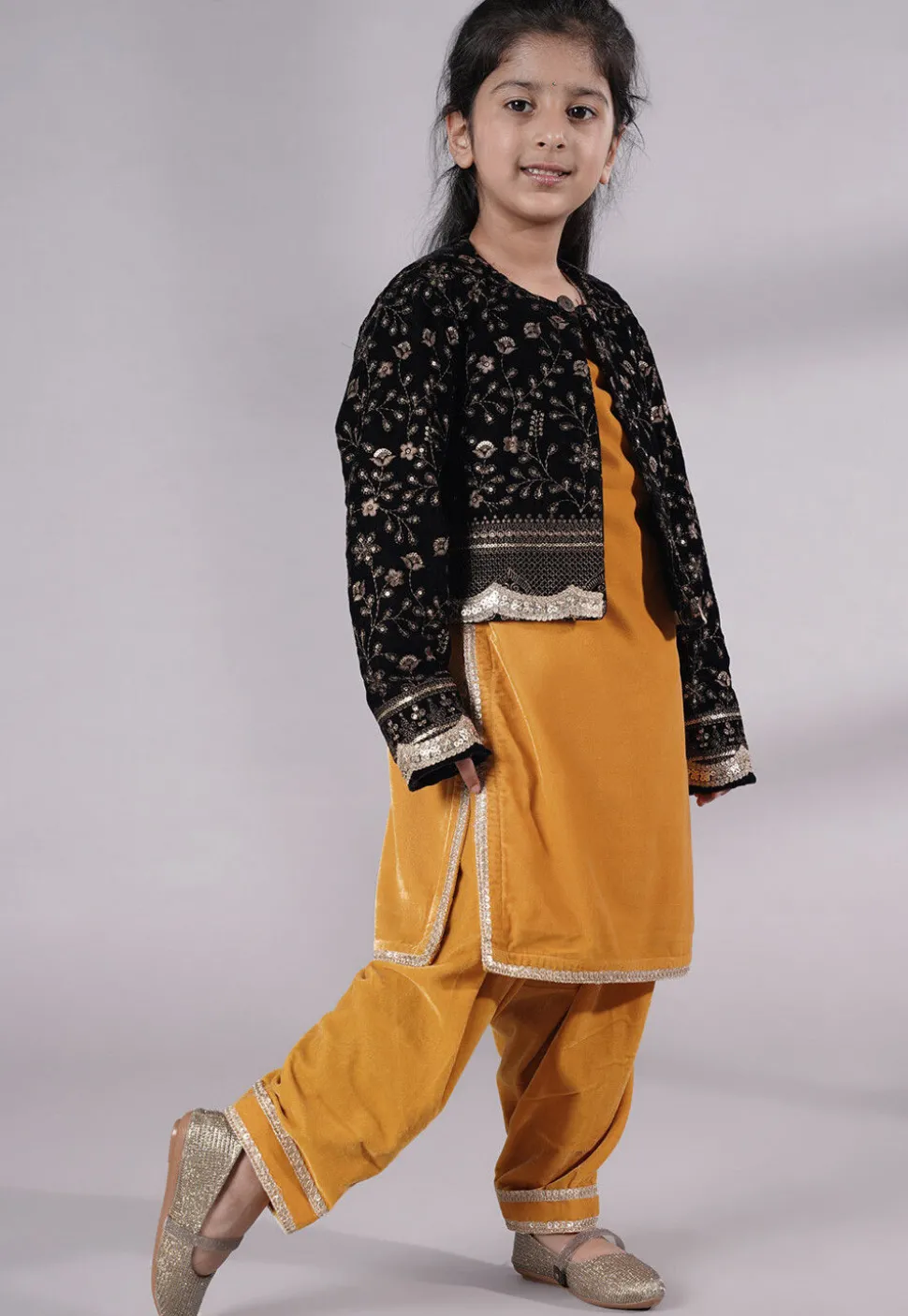 Embroidered Velvet Straight Kurta Set in Mustard