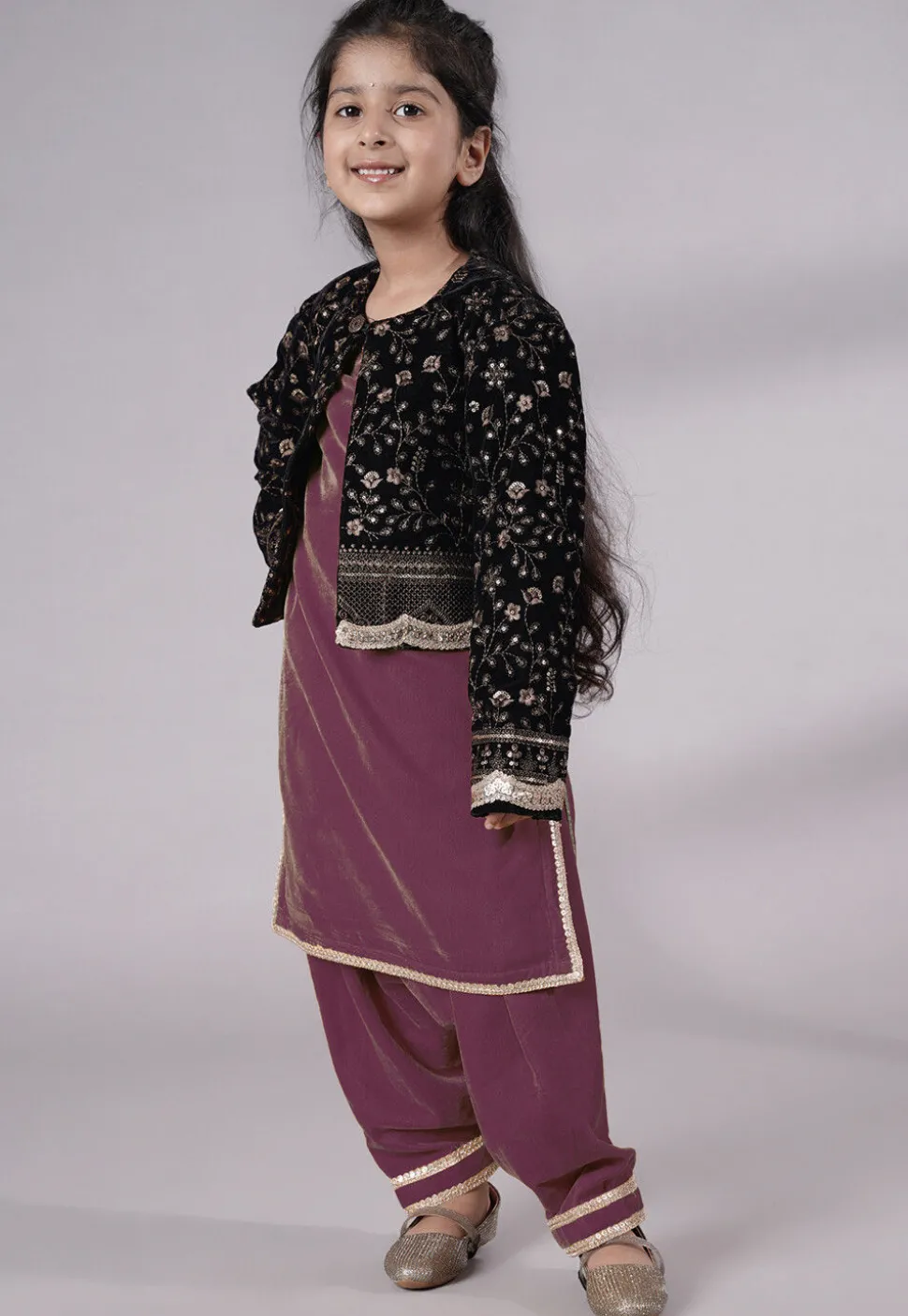 Embroidered Velvet Straight Kurta Set in Wine