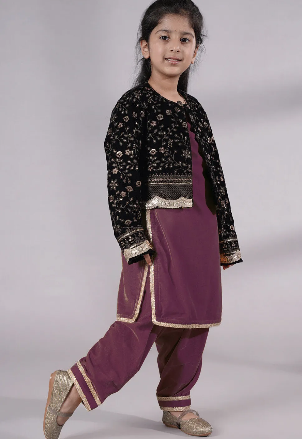 Embroidered Velvet Straight Kurta Set in Wine
