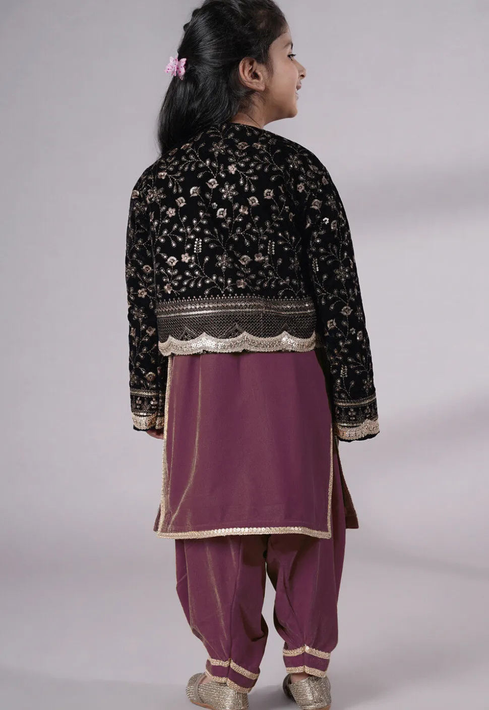 Embroidered Velvet Straight Kurta Set in Wine