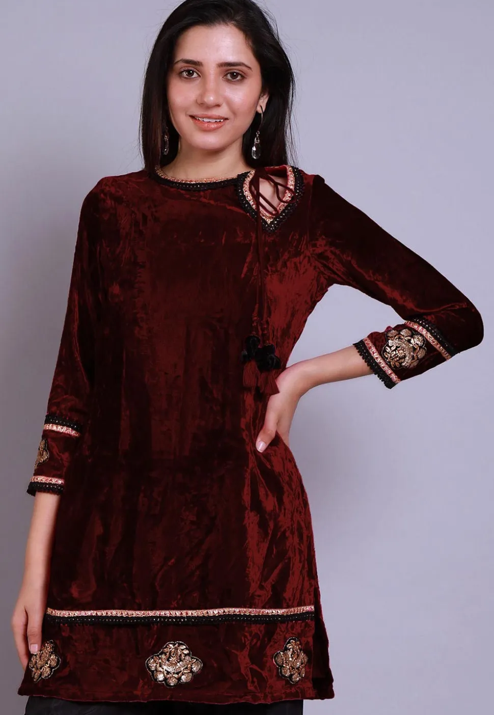 Embroidered Velvet Straight Kurti in Maroon