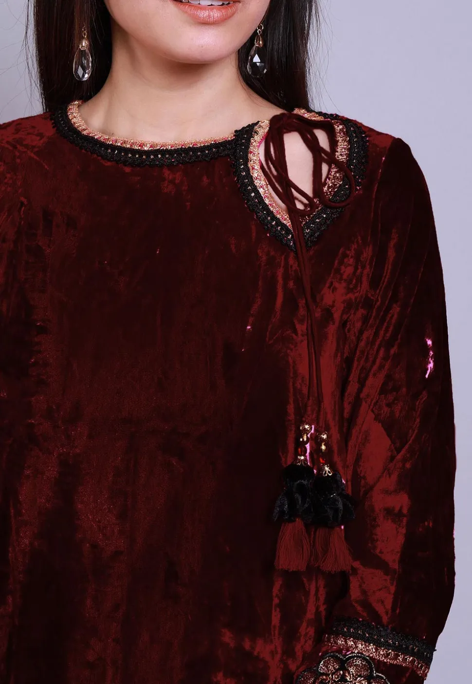 Embroidered Velvet Straight Kurti in Maroon