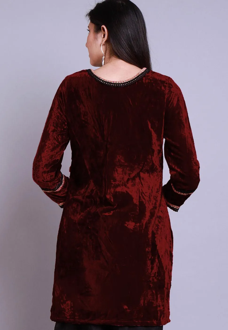 Embroidered Velvet Straight Kurti in Maroon
