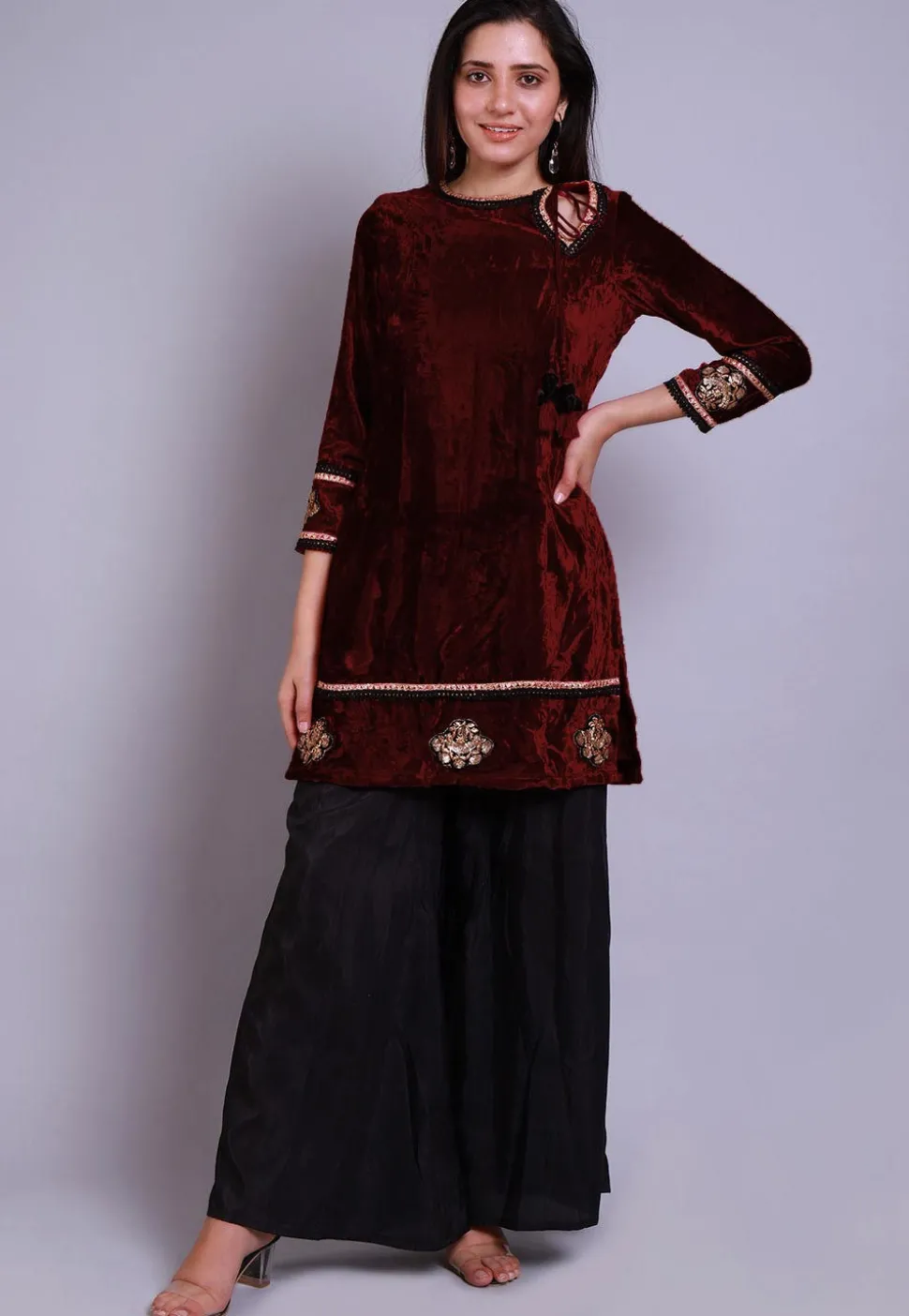 Embroidered Velvet Straight Kurti in Maroon
