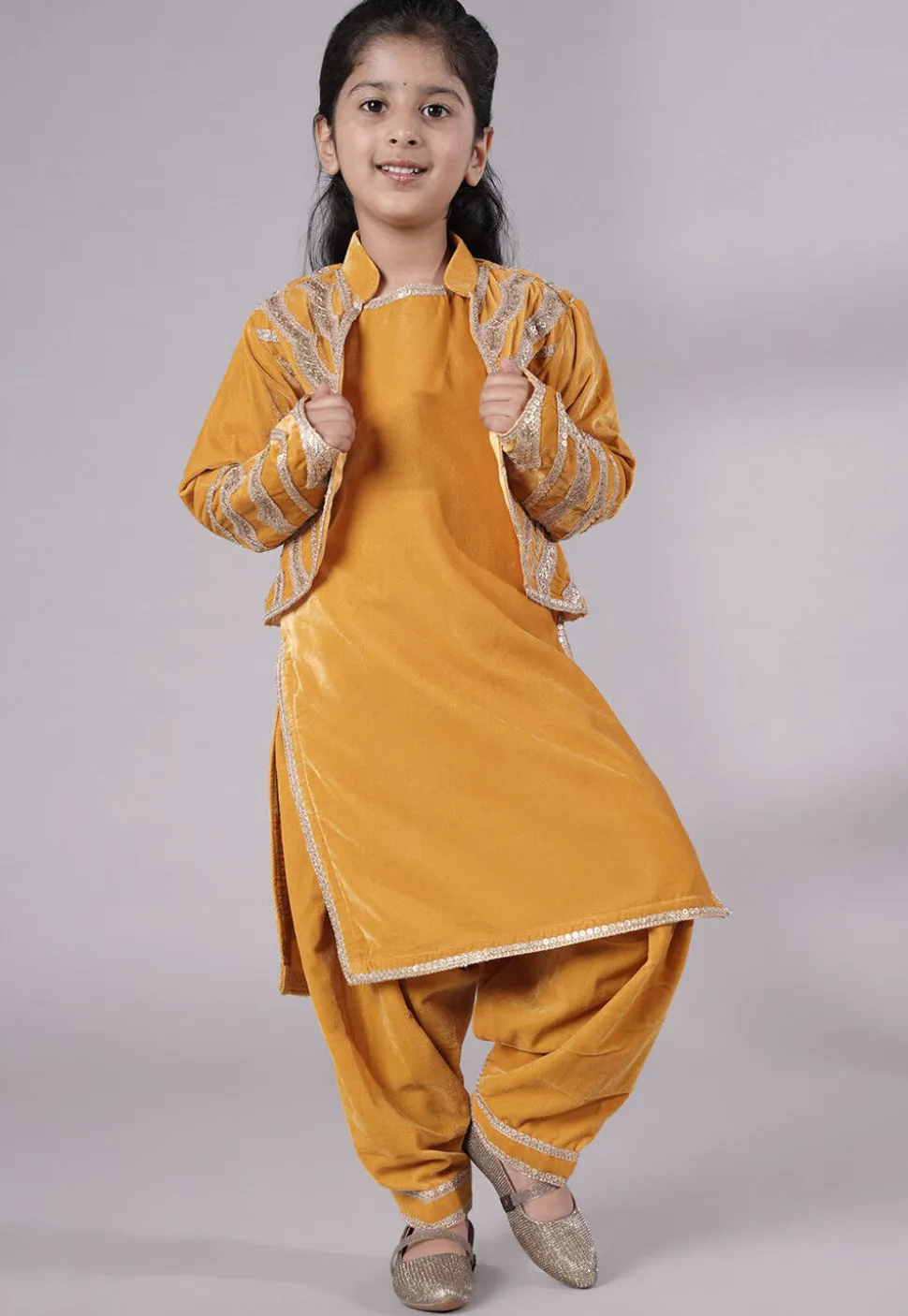 Embroidered Velvet Straight Kurta Set in Mustard