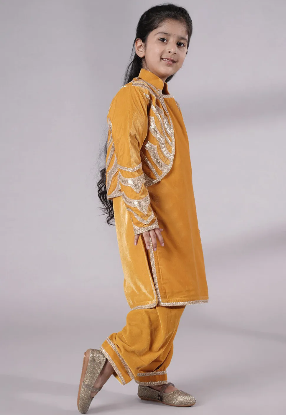 Embroidered Velvet Straight Kurta Set in Mustard