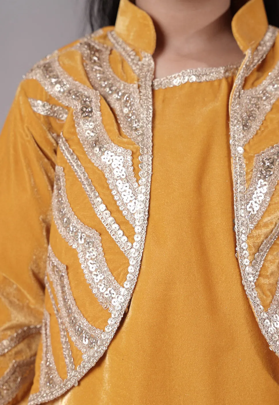 Embroidered Velvet Straight Kurta Set in Mustard