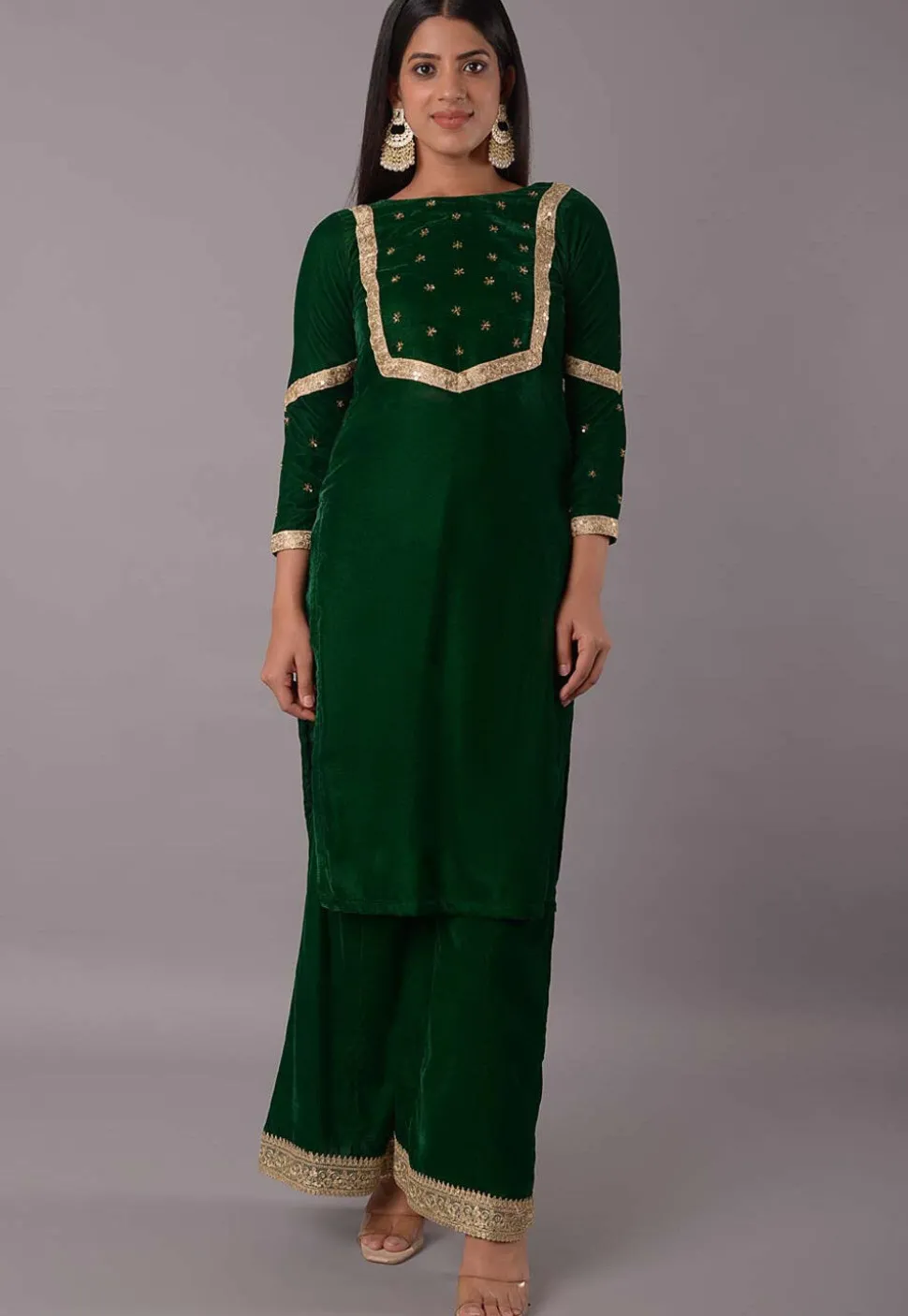 Embroidered Velvet Straight Kurta Set in Dark Green