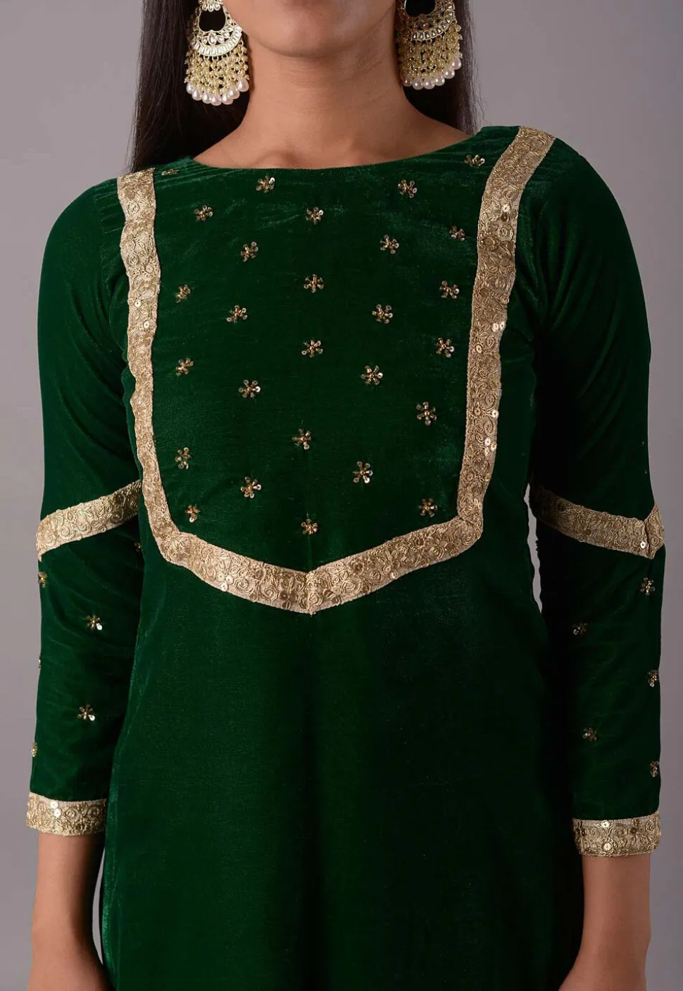 Embroidered Velvet Straight Kurta Set in Dark Green