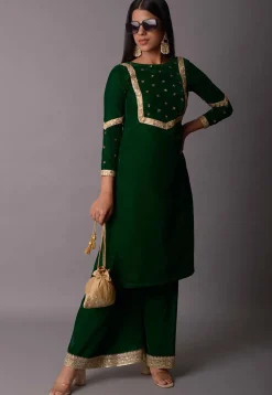 Embroidered Velvet Straight Kurta Set in Dark Green