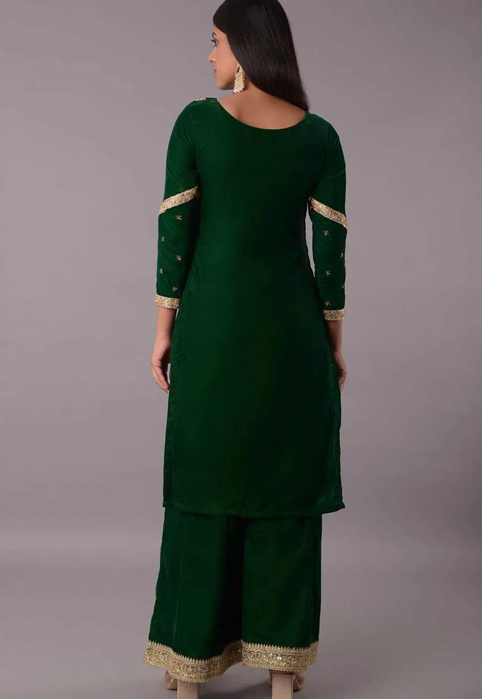 Embroidered Velvet Straight Kurta Set in Dark Green