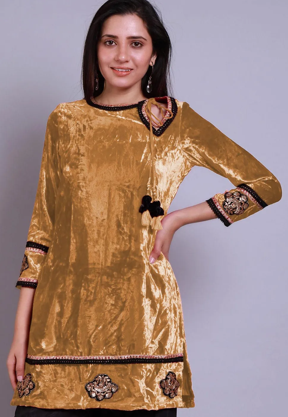 Embroidered Velvet Straight Kurti in Beige