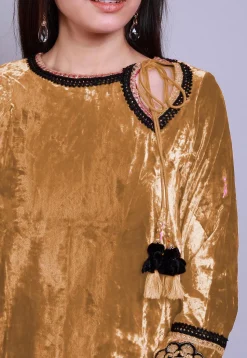 Embroidered  Velvet Straight Kurti in Beige
