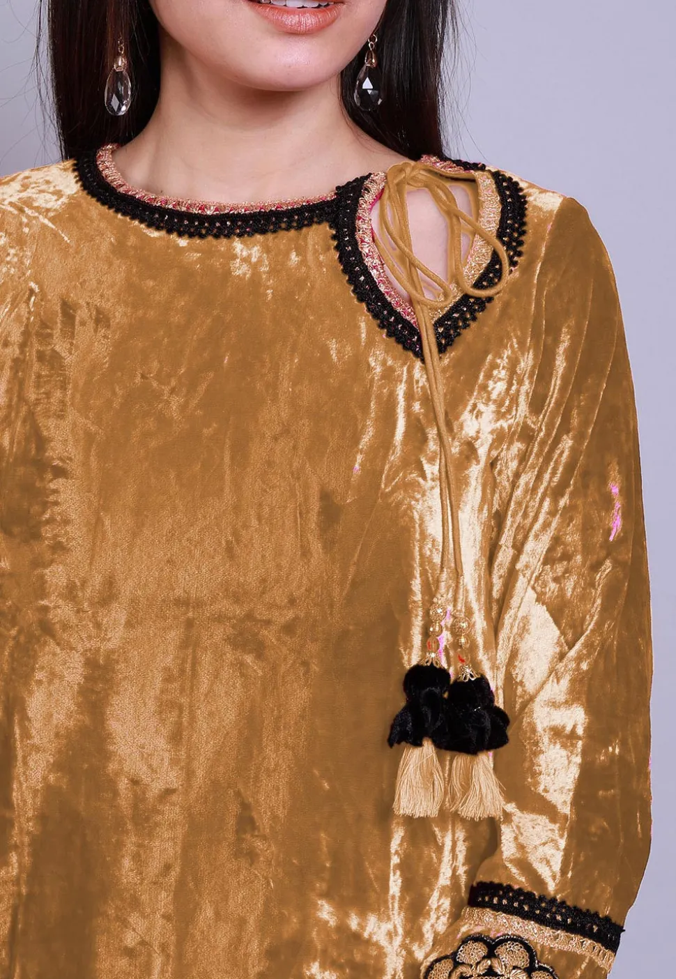 Embroidered Velvet Straight Kurti in Beige