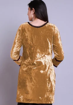 Embroidered Velvet Straight Kurti in Beige