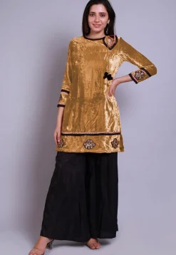 Embroidered Velvet Straight Kurti in Beige