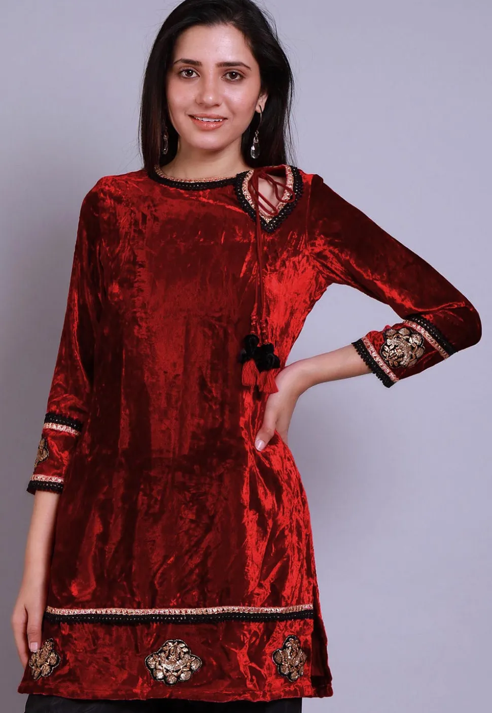 Embroidered Velvet Straight Kurti in Red