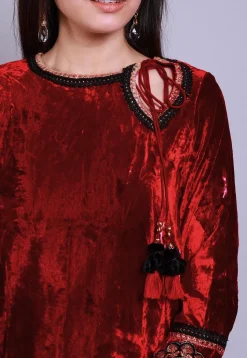Embroidered  Velvet Straight Kurti in Red