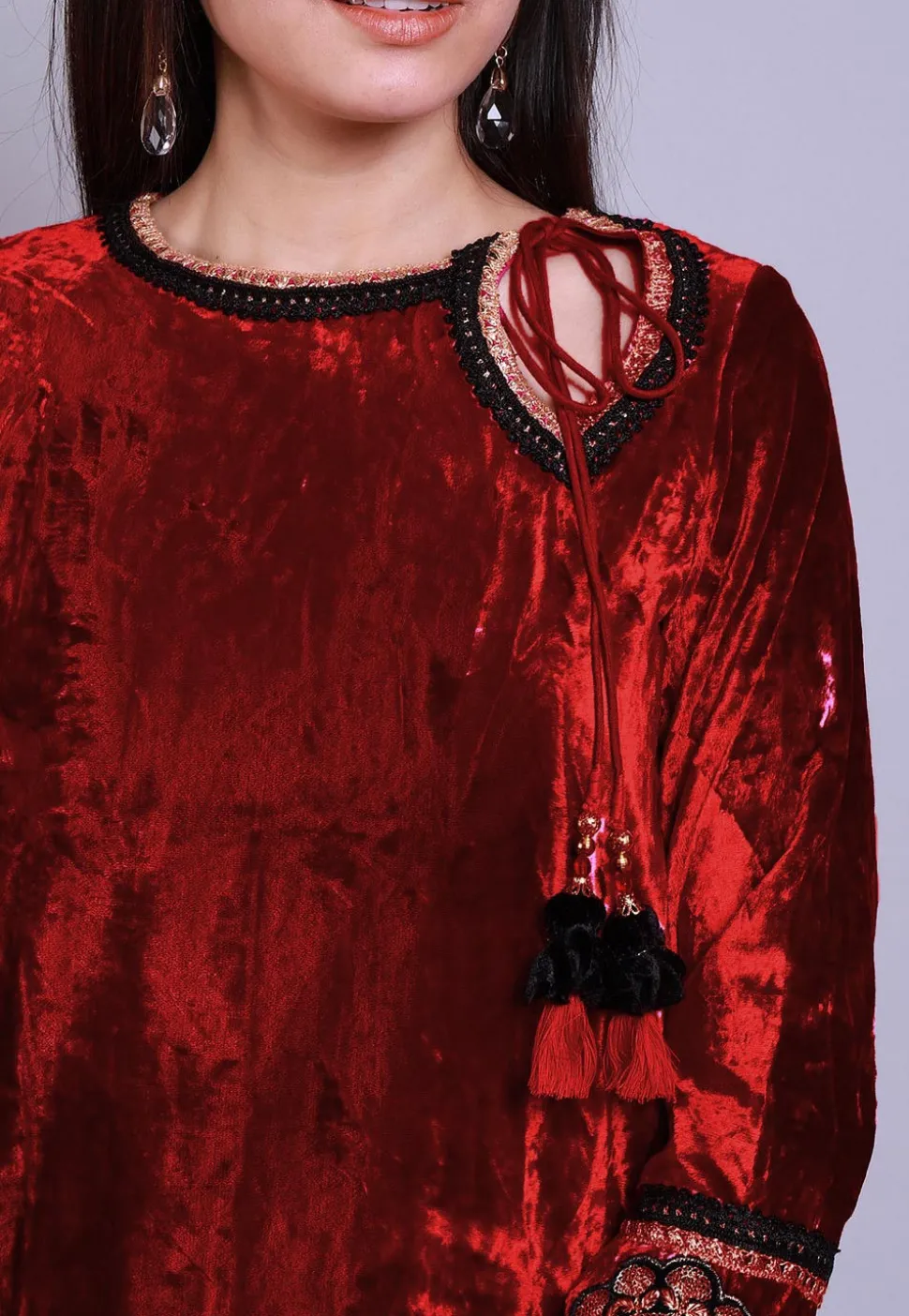 Embroidered Velvet Straight Kurti in Red