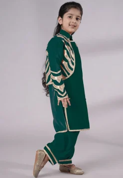 Embroidered Velvet Straight Kurta Set in Teal Green
