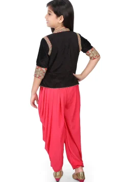 Embroidered Velvet Top with Dhoti Pant in Black