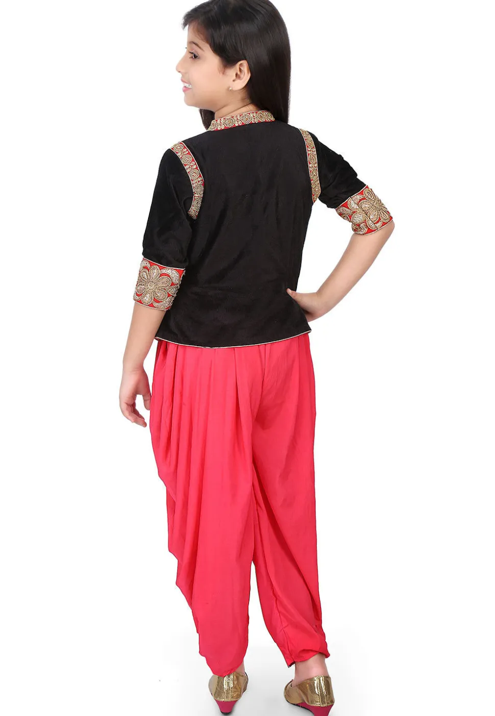 Embroidered Velvet Top with Dhoti Pant in Black