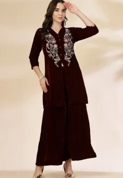 Embroidered Velvet Tunic Set in Maroon