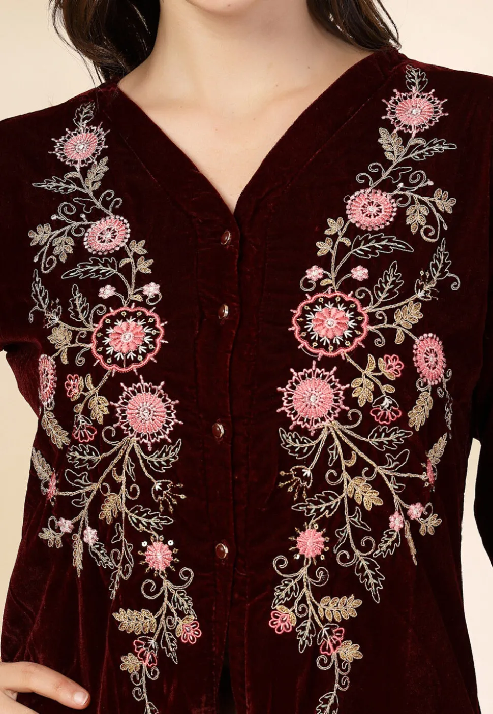 Embroidered Velvet Tunic Set in Maroon