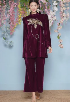 Embroidered Velvet Tunic Set in Wine