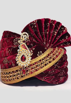 Embroidered Velvet Turban in Maroon