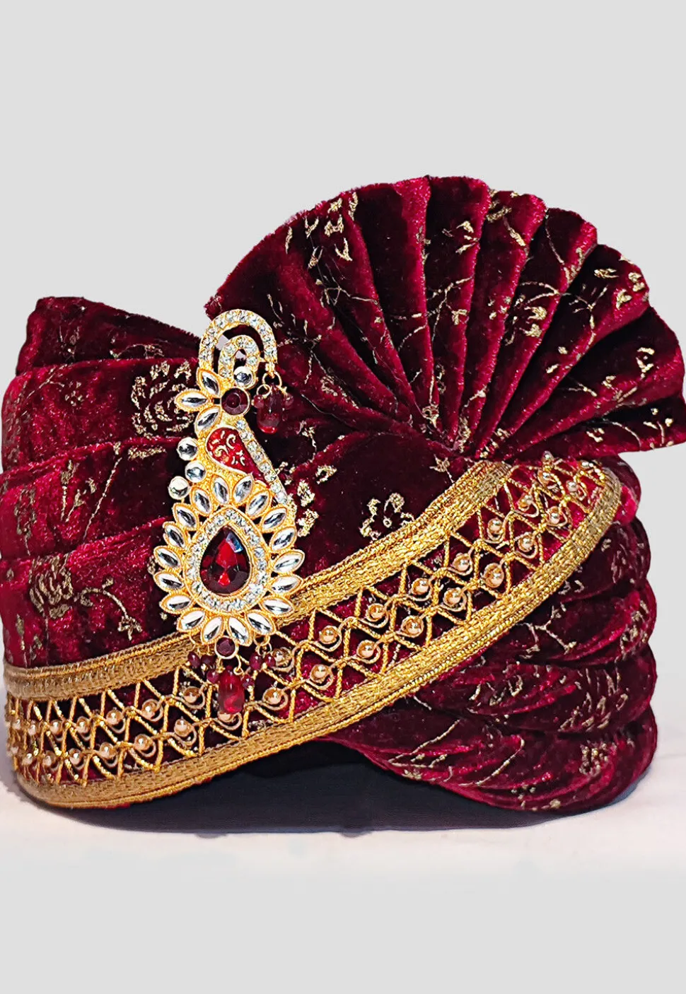 Embroidered Velvet Turban in Maroon