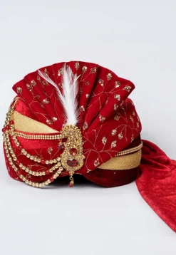 Embroidered Velvet Turban in Maroon and Golden