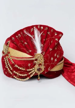 Embroidered Velvet Turban in Maroon and Golden